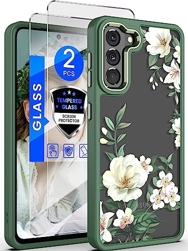 Dretal for Samsung S21 5G Case Floral S21 Plus Military Grade Drop Tested Hard Back Soft Edge Slim Flower Women Girls Protective Cover Screen Protector for Galaxy S21Green