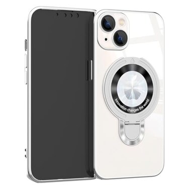 EiYioun Plated Case for iPhone 13 Mini with Metal Ring Holder Stand Compatible with MagSafe Shockproof NonSlip Slim Fit Protective Phone Bumper Cover for iPhone 13 Mini Silver