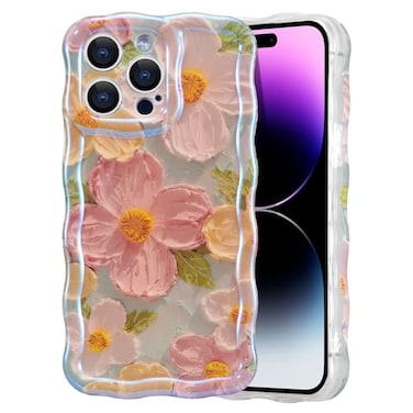 EYZUTAK Case for iPhone 13 Pro Max Colorful Retro Oil Painting Printed Flower Laser Glossy Pattern Cute Curly Wave Edge Exquisite Phone Cover Stylish Durable TPU Protective Case for Girls WomenGreen