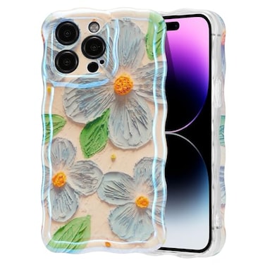 EYZUTAK Case for iPhone 14 Pro Colorful Retro Oil Painting Flower Leaf Laser Glossy Pattern Cute Curly Wave Edge Exquisite Phone Cover Stylish Durable TPU Protective Case for Girls Women Blue Green
