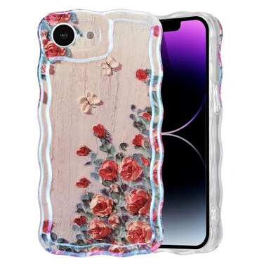 EYZUTAK Case for iPhone 17eiPhone 16e Colorful Retro Oil Painting Printed Flower Laser Glossy Pattern Cute Curly Wave Edge Exquisite Phone Cover Stylish Durable TPU Protective Case for Women Beige