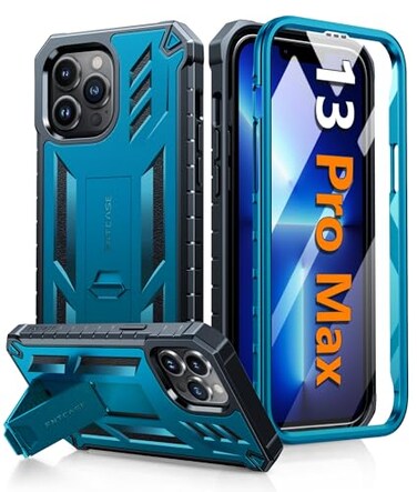 FNTCASE for iPhone 13 Pro Max Case Builtin Screen Protector Kickstand Military Grade Drop Protection Heavy Duty Full Protective Matte Textured Shockproof TPU Rugged Phone Cover Blue