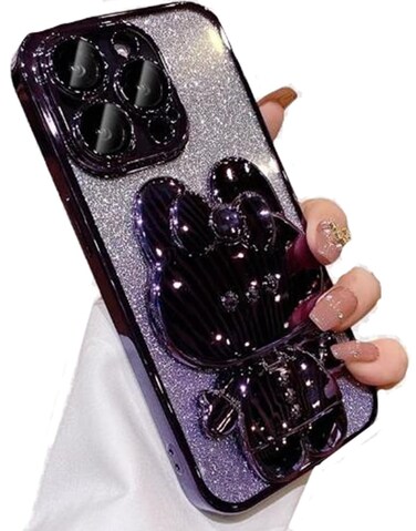 Aulzaju for iPhone 16 Pro Max Case for Women Girls Cute Hidden Rabbit Mirror KickstandLuxury Plating Soft TPU with Bling Gradient LayerGlitter Girly Phone Case for iPhone 16 Promax Purple