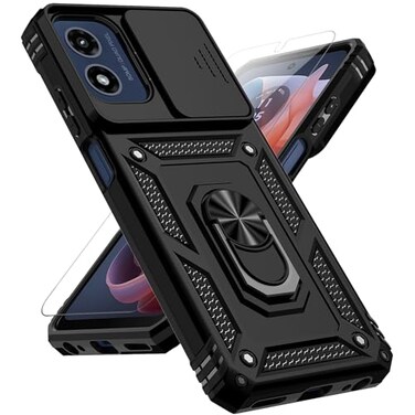 PUSHIMEI for Motorola Moto G Play 2024 Case with Slide Camera Cover HD Screen Protector Military Grade Drop Tested Magnetic Ring Holder Kickstand Protective Phone Case for Moto G Play 4G 2024 Black