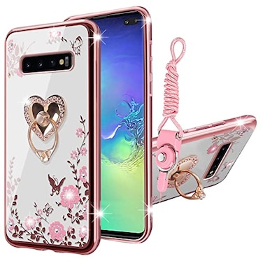 KuDiNi for S10 Plus Case Galaxy S10 Plus Case for Women Glitter Crystal Soft Bling Cute Butterfly Heart Floral Clear Protective Cover with KickstandStrap for Samsung Galaxy S10 Plus 2019Rose Gold