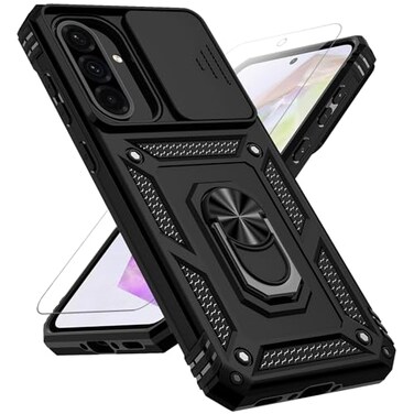 PUSHIMEI for Samsung Galaxy A36 5G Case with Slide Camera Cover HD Screen Protector Military Grade 16ft Drop Tested Magnetic Ring Holder Kickstand Protective Phone Case for Galaxy A36 5G 2025 Black