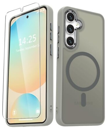 YENAPOON for Samsung Galaxy S24 FE Case Matte Magnetic Phone Case with 1 Screen Protector Support for Magsafe Translucent Frosted Slim Shockproof Protective Cover for Samsung Galaxy S24 FE Titanium Gr