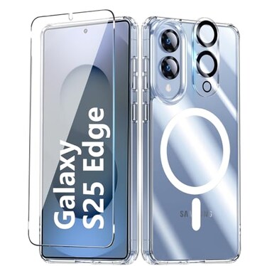 FATUOQIA for Samsung Galaxy S25 Edge Case ClearMagnetic S25 Edge Case with Screen Protector Camera Protector Compatible with MagSafe Shockproof TPU Cover for Galaxy S 25 Edge Phone CasesTransparent