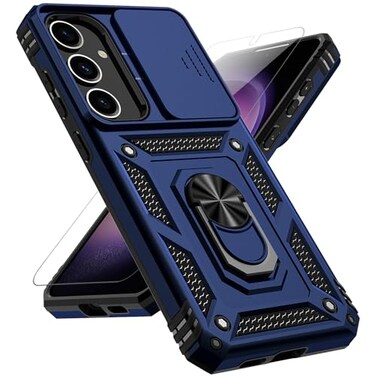 PUSHIMEI for Samsung Galaxy S25 Plus Case with Slide Camera Cover HD Screen Protector Military Grade Drop Tested Magnetic Ring Holder Kickstand Protective Phone Case for Galaxy S25 Plus 5G 2025 Navy B
