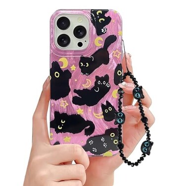 Fycyko Phone Case for iPhone 16 Pro Max Cute Cat Pattern Aesthetic Cool Girly with Phone Charms Strap Chain Protective Case for iPhone 16 Pro MaxPink