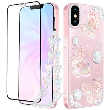 Goocrux 3in1 Case for Apple iPhone Xs Max Butterfly Glitter Handmade Sequin Sparkle Pretty for Women Girls Clear Design Crystal Pearl Sparkly Cute Girly Phone CasesChainScreen Protector