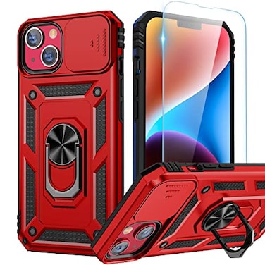 Goton for iPhone 14 Plus Case with Screen Protector Slide Camera Cover Phone Case with Ring Stand Heavy Duty Military Grade Shockproof Rugged Bumper for iPhone 14 Plus Accessories Red