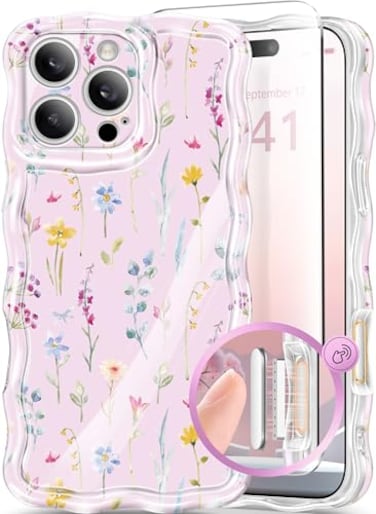 GVIEWIN Magnetic for iPhone 16 Pro Case with Camera Control Compatible with Magsafe Upgraded Full Camera ProtectionScreen Protector Wave Edge Floral Women Girls Phone Cover 63AngeloniaPink