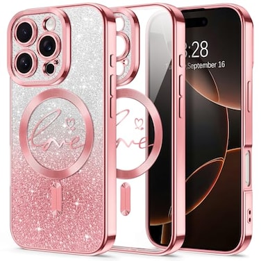 Hython for iPhone 16 Pro Case Glitter Compatible with MagSafe Love Heart Magnetic Clear Phone Cases for Women Girls Full Camera Protection Sparkle Plating Shockproof Protective Cover Pink