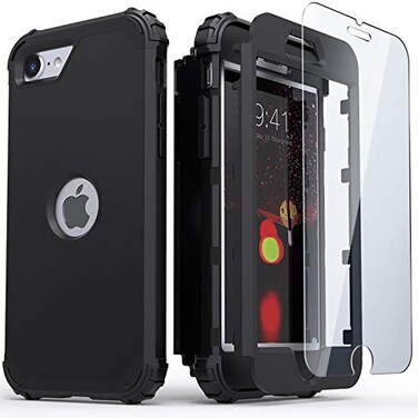 IDweel for iPhone SE 2020 Case with Screen Protector for iPhone SE 2022 Case3 in 1 Shock Absorption Slim Fit Heavy Duty Hard PC Cover Soft Silicone Bumper Full Body Sturdy CoverBlack