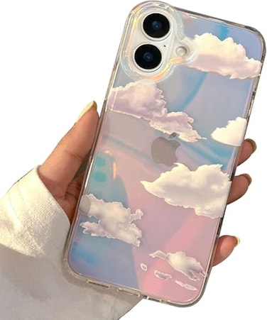 I-MGAE-IN-AR IMGAEINAR Compact Case for iPhone 16 Plus Holographic Cloud DesignCute Trendy Soft Slim TPU Shockproof Protective Phone Cases Cover for Women Girls Aesthetic Glitter