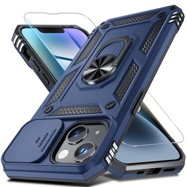 Janmitta Case for iPhone 14 iPhone 13 Phone Cover Built in Slide Camera Lens CoverScreen ProtectorHeavy Duty Shockproof Full Body PhoneCase with Finger Ring Holder KickstandBlue