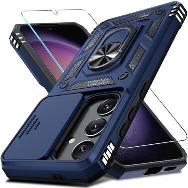 Janmitta Compatible with Samsung Galaxy S24 FE Case Built in Slide Camera Lens CoverScreen ProtectorFinger Ring Holder KickstandHeavy Duty Shockproof Full Body Phone Cover2024 Blue