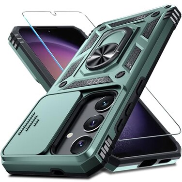 Janmitta Compatible with Samsung Galaxy S25S24 Case Not for S25 Built in Slide Camera Lens CoverScreen ProtectorKickstandHeavy Duty Shockproof Full Body Phone CoverDark Green