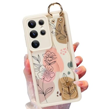 Jefonha Silicone Case for Samsung Galaxy S25 Ultra with Strap Cute Flower Floral Phone Case for Girl Women Adjustable Finger Strap Shockproof Protective Cover Beige Flowers
