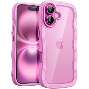 JETech Wavy Case for iPhone 16 Plus 67Inch Cute Wave Frame Curly Shape Shockproof Phone Cover for Women and Girls Clear Hard PC Back Pink