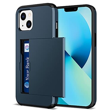 Jiunai Compatible with iPhone 13 Mini Case Credit Card IDs Holder Wallet Back Pocket Slide Cover Card Slot Dual Layer Bumper Shell Rubber Cover Phone Case Designed for iPhone 13 Mini 54 2021 Navy