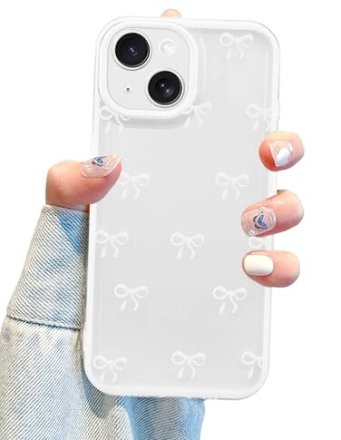 Jusy Compatible with iPhone 15 Bow Phone Case Cute Clear Ribbon Bowknot Pattern Aesthetic Soft TPU Transparent Cases Protective Phone Cover for Women Girly White