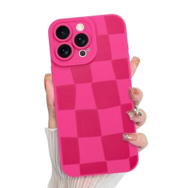 KANGHAR Compatible with iPhone 16 Pro Max Case Silicone Checkered Cute Pattern Camera Protection Soft Slim Phone Case for Girls Women Hot Pink