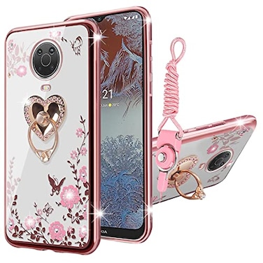KuDiNi Nokia G20 G10 Case Glitter Crystal Soft TPU Bling Cute Butterfly Heart Floral Clear Protective Cover with Ring KickstandStrap Rose Gold