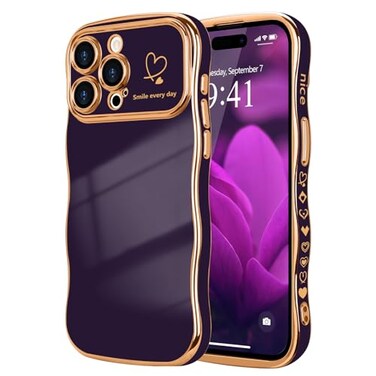 LCHULLE for iPhone 14 Pro Case for Women Girls Cute Wave Frame Curly Shape with Love Heart Pattern Raised Camera Protection Cover Luxury Plating Shockproof Phone Case for iPhone 14 Pro Dark Purple