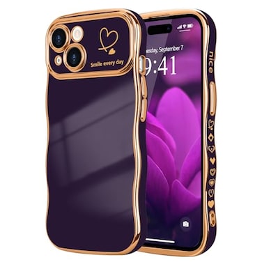 LCHULLE for iPhone 15 Case for Women Girls Cute Wave Frame Curly Shape with Love Heart Pattern Raised Camera Protection Cover Luxury Plating Shockproof Phone Case for iPhone 15 Dark Purple