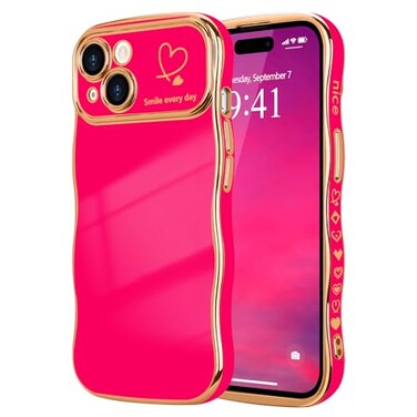 LCHULLE for iPhone 15 Plus Case for Women Girls Cute Wave Frame Curly Shape with Love Heart Pattern Raised Camera Protection Cover Luxury Plating Shockproof Phone Case for iPhone 15 Plus Hot Pink