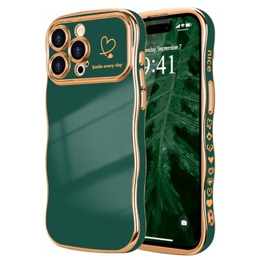 LCHULLE for iPhone 15 Pro Max Case for Women Girls Cute Wave Frame Curly Shape with Love Heart Raised Camera Protection Cover Luxury Plating Shockproof Phone Case for iPhone 15 Pro Max Dark Green