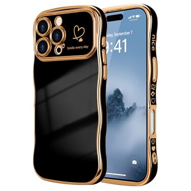 LCHULLE for iPhone 16 Pro Max Case for Women Girls Cute Wave Frame Curly Shape with Love Heart Pattern Raised Camera Protection Cover Luxury Plating Shockproof Phone Case for iPhone 16 Pro Max Black