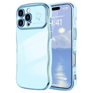 LCHULLE for iPhone 16 Pro Max Case for Women Girls Cute Wave Frame Curly Shape with Love Heart Raised Camera Protection Cover Luxury Plating Shockproof Phone Case for iPhone 16 Pro Max Baby Blue
