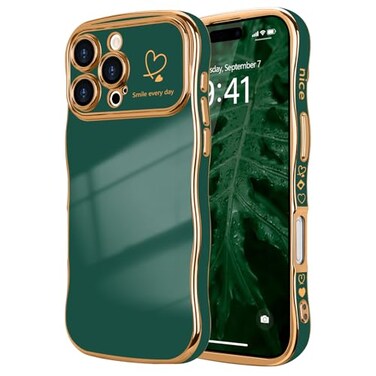 LCHULLE for iPhone 16 Pro Max Case for Women Girls Cute Wave Frame Curly Shape with Love Heart Raised Camera Protection Cover Luxury Plating Shockproof Phone Case for iPhone 16 Pro Max Dark Green