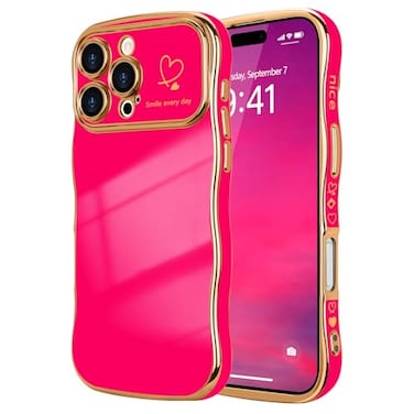 LCHULLE for iPhone 16 Pro Max Case for Women Girls Cute Wave Frame Curly Shape with Love Heart Raised Camera Protection Cover Luxury Plating Shockproof Phone Case for iPhone 16 Pro Max Hot Pink