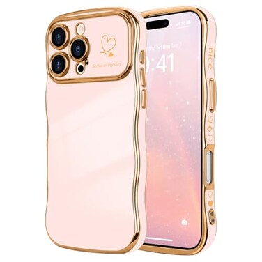 LCHULLE for iPhone 16 Pro Max Case for Women Girls Cute Wave Frame Curly Shape with Love Heart Raised Camera Protection Cover Luxury Plating Shockproof Phone Case for iPhone 16 Pro Max Nude Pink