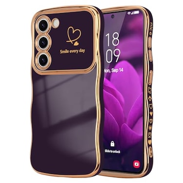 LCHULLE for Samsung Galaxy S23 Case for Women Girls Cute Wave Frame Curly Shape with Love Heart Raised Camera Protection Cover Luxury Plating Shockproof Phone Case for Galaxy S23 5G Dark Purple