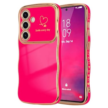 LCHULLE for Samsung Galaxy S23 FE Case for Women Girls Cute Wave Frame Curly Shape with Love Heart Raised Camera Protection Cover Luxury Plating Shockproof Phone Case for Galaxy S23 FE Hot Pink