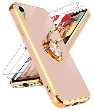 LeYi for iPhone XR Case with Tempered Glass Screen Protector 2 Pack 360 Rotatable Ring Holder Magnetic Kickstand Plating Rose Gold Edge for iPhone 10 XR Case Pink