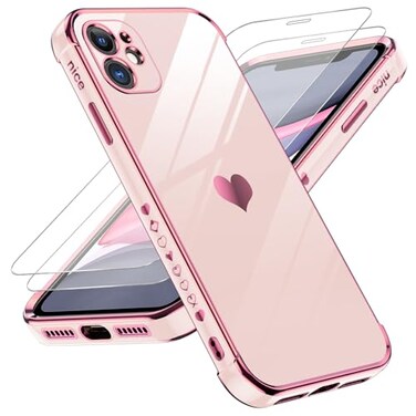 LeYi for iPhone11 Phone Case 2 Pack Screen Protector Wireless Charging Full Camera Lens Protection Love Heart Plating Women Cute Luxury Shockproof Cover funda para i Phone iohone iphone11 Pink