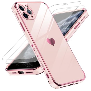 LeYi for iPhone11Pro Max Case with Tempered Glass Screen Protector 2 Pcs Full Camera Lens ProtectionLove Heart Plating Girly Women Luxury Soft TPU Shockproof Case para i Phone 11 ProMaxPink