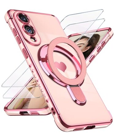 Liufcx for Samsung Galaxy S25 Edge Case with Glass Screen Protector Luxury Plated Gold Edge Love Heart Pattern Kickstand CaseSoft TPU Shockproof Full Camera Protection Phone Case for S25 Edge Pink