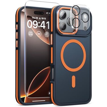 DOMAVER Magnetic 3 in 1 for iPhone 17 Pro Case OmniDirectional Protection with 1x Screen Protector 1x Camera Cover Seamless Work with Magsafe Shockproof Slim Thin Case for iPhone 17 Pro Cosmic Orange