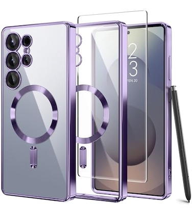 GolbinBox Magnetic Case Compatible with Samsung Galaxy S25 UltraCompatible with MagSafeFull Camera ProtectionScreen Protector Shockproof Plating Clear Phone Cover for Galaxy S25 UltraDark PurpleClear