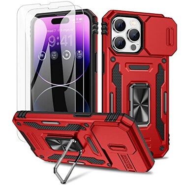 Maxdara for iPhone 14 Pro Max Camera Cover Case with Screen Protector with Builtin 360 Rotate Ring Stand Magnetic Car Mount Cover Case for iPhone 14 Pro Max 67 inch Red