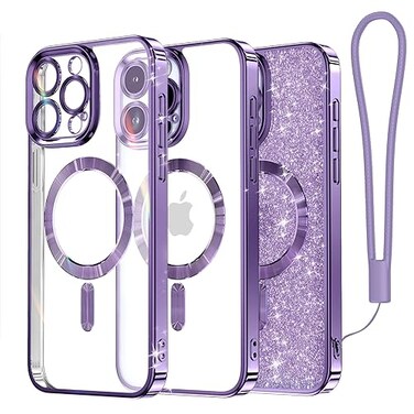 Meifigno Candy Mag Series Case Designed for iPhone 15 Pro Compatible with MagSafe Glitter Card Wrist Strap Full Camera Lens Protection Designed for iPhone 15 Pro Case Women Girls Deep Purple