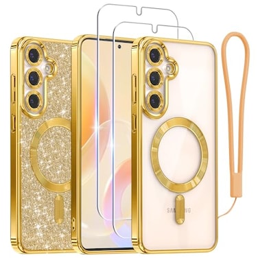 Meifigno Designed for Samsung Galaxy S25 Plus Case Compatible with MagSafe 2X HD Screen Protectors Glitter Card Wrist Strap Surround Raised Lens Protection Case for S25 Plus 67 Gold