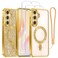 Meifigno Designed for Samsung Galaxy S25 Plus Case Compatible with MagSafe 2X HD Screen Protectors Glitter Card Wrist Strap Surround Raised Lens Protection Case for S25 Plus 67 Gold